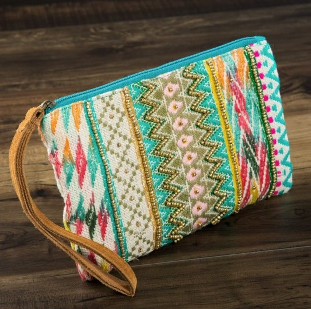 Handmade Hand Beaded Wristlet Clutch - Ethnic Inspired Design - Pastel Colors