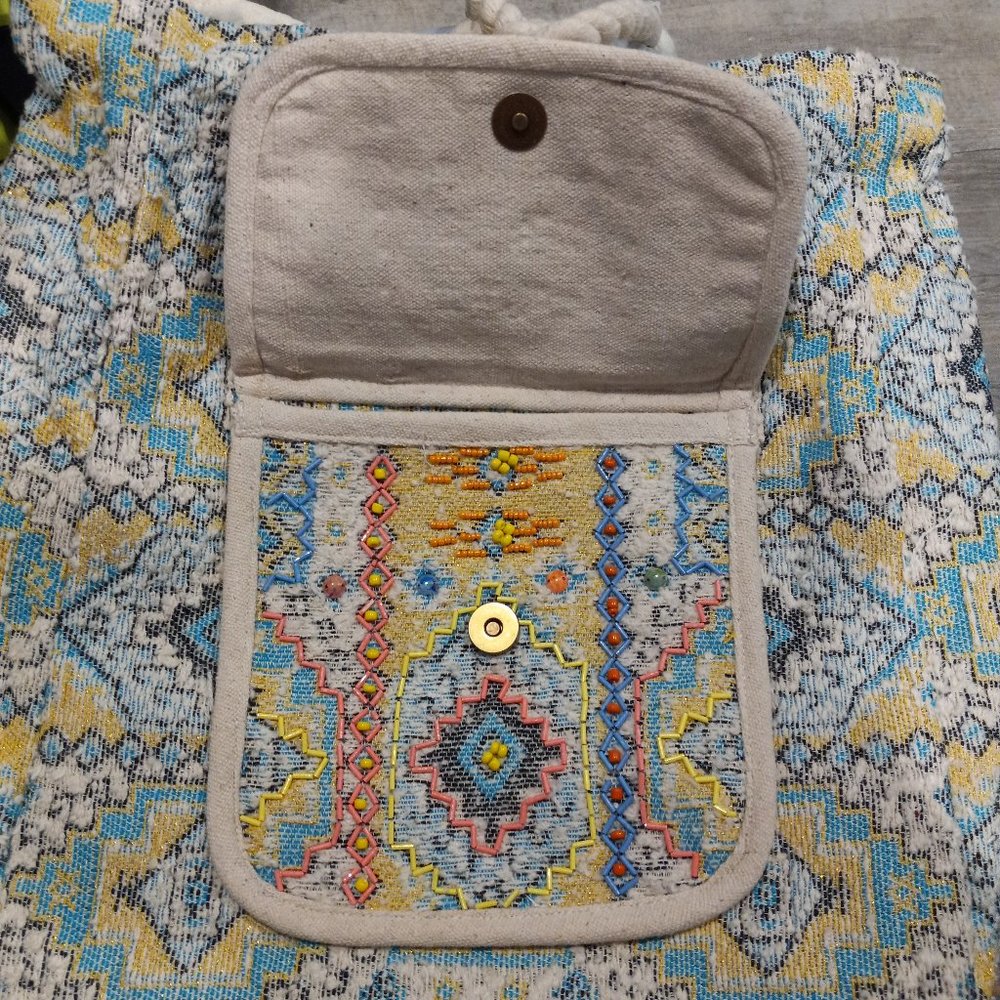 Boho Chic Backpack - Ethnic Inspired Pattern - Hand Beaded Accents - Fine Cotton
