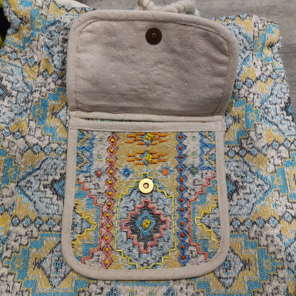 Boho Chic Backpack - Ethnic Inspired Pattern - Hand Beaded Accents - Fine Cotton
