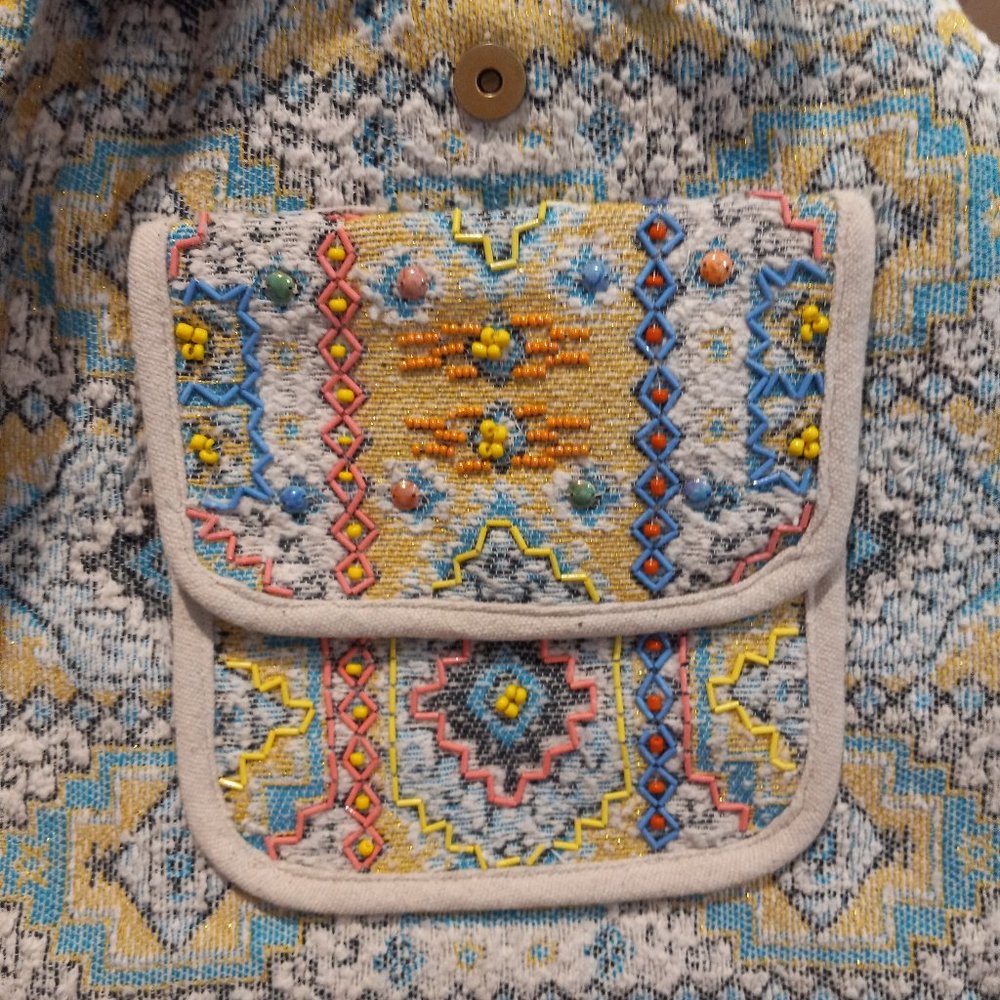 Boho Chic Backpack - Ethnic Inspired Pattern - Hand Beaded Accents - Fine Cotton