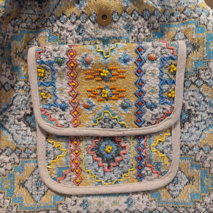 Boho Chic Backpack - Ethnic Inspired Pattern - Hand Beaded Accents - Fine Cotton