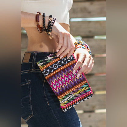 Handmade Hand Beaded Wristlet Clutch - Ethnic Inspired Design - Dyed Fine Cotton