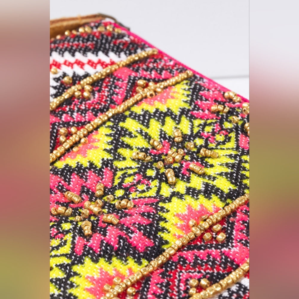 Handmade Hand Beaded Wristlet Clutch - Ethnic Inspired Design - Dyed Fine Cotton