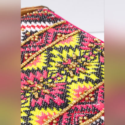Handmade Hand Beaded Wristlet Clutch - Ethnic Inspired Design - Dyed Fine Cotton