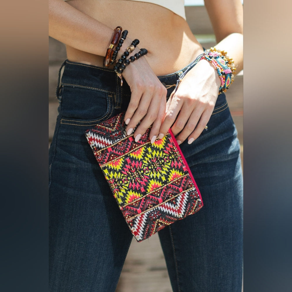 Handmade Hand Beaded Wristlet Clutch - Ethnic Inspired Design - Dyed Fine Cotton