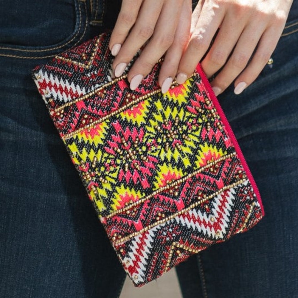 Handmade Hand Beaded Wristlet Clutch - Ethnic Inspired Design - Dyed Fine Cotton