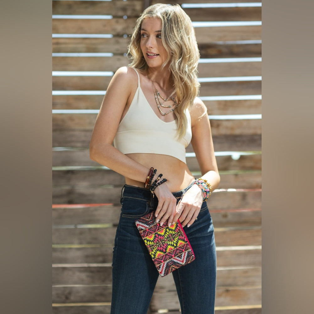 Handmade Hand Beaded Wristlet Clutch - Ethnic Inspired Design - Dyed Fine Cotton