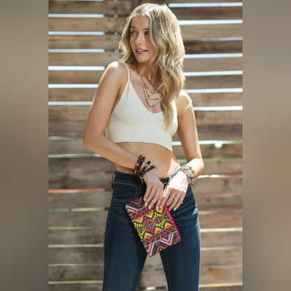 Handmade Hand Beaded Wristlet Clutch - Ethnic Inspired Design - Dyed Fine Cotton