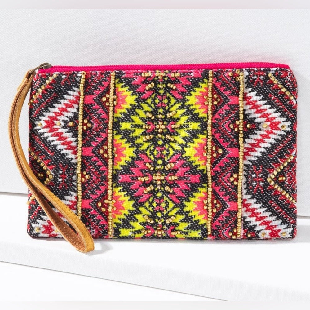 Handmade Hand Beaded Wristlet Clutch - Ethnic Inspired Design - Dyed Fine Cotton