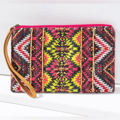 Handmade Hand Beaded Wristlet Clutch - Ethnic Inspired Design - Dyed Fine Cotton