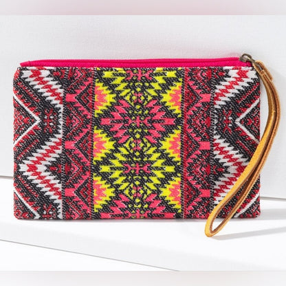 Handmade Hand Beaded Wristlet Clutch - Ethnic Inspired Design - Dyed Fine Cotton