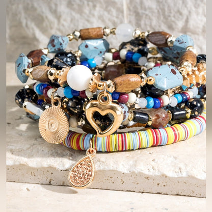 Multi Color & Stone Color Beaded Stretch Bracelet Set w Gold Tone Heart Pendant