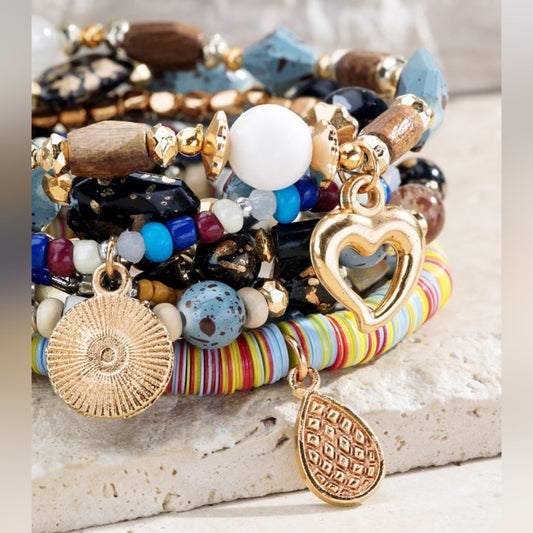 Multi Color & Stone Color Beaded Stretch Bracelet Set w Gold Tone Heart Pendant