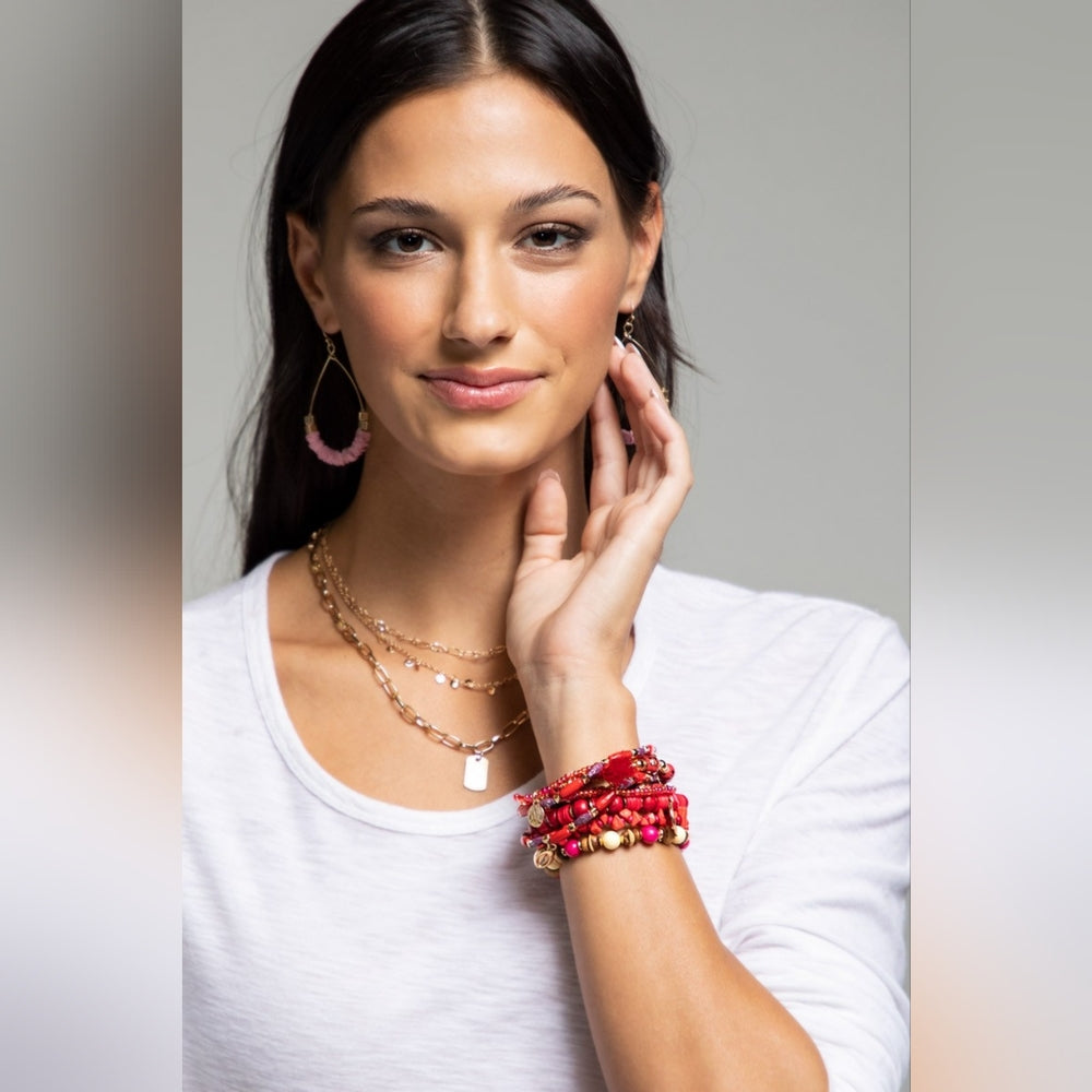 Red Boho Chic Multi Layered Stretch Bracelet w Golden Seashell & Coin Charms