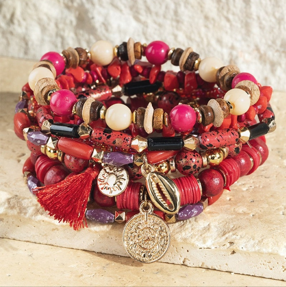 Red Boho Chic Multi Layered Stretch Bracelet w Golden Seashell & Coin Charms