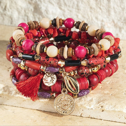 Red Boho Chic Multi Layered Stretch Bracelet w Golden Seashell & Coin Charms