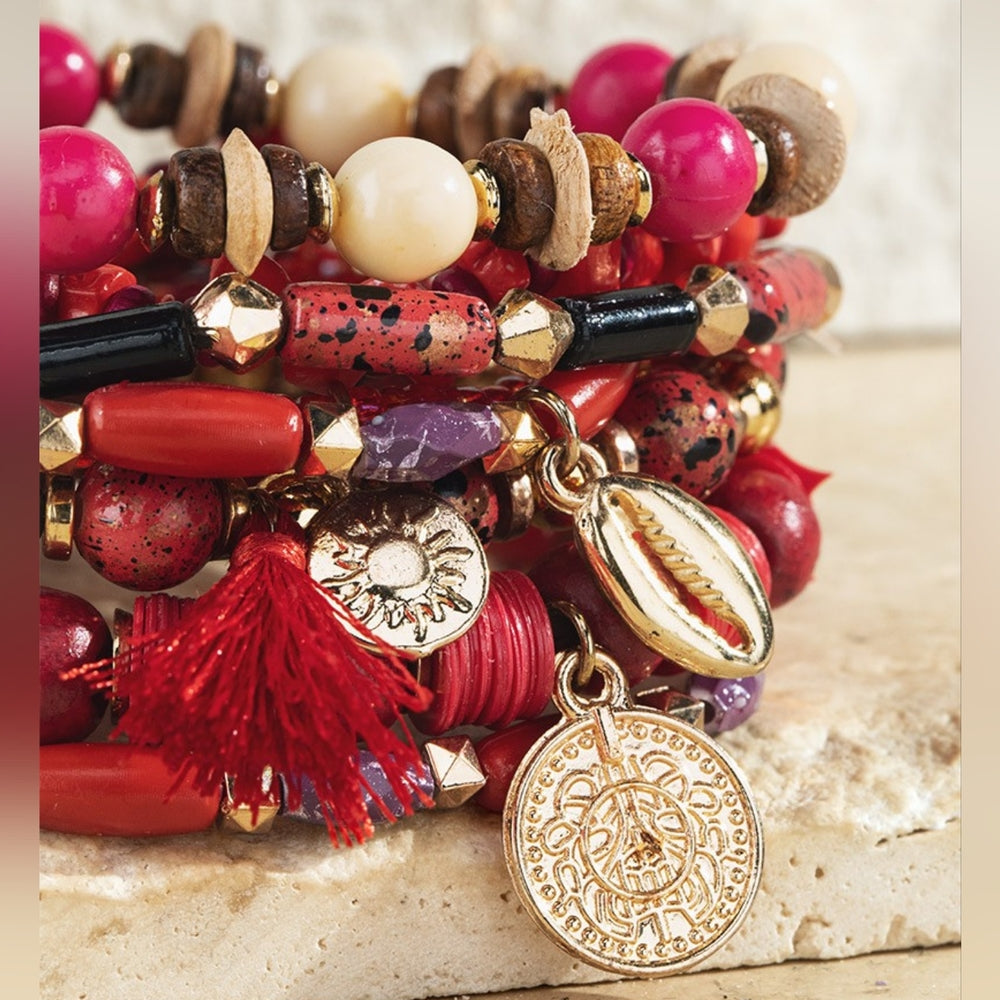 Red Boho Chic Multi Layered Stretch Bracelet w Golden Seashell & Coin Charms