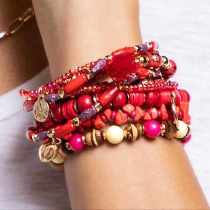 Red Boho Chic Multi Layered Stretch Bracelet w Golden Seashell & Coin Charms