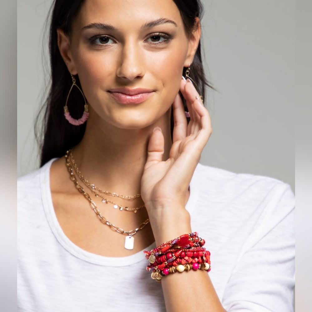 Red Boho Chic Multi Layered Stretch Bracelet w Golden Seashell & Coin Charms