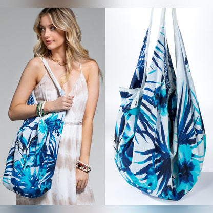 Boho Chic Beach Yoga Hobo Shoulder Bag - 100% Cotton - Tropical Flower Design