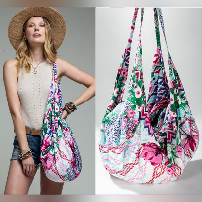 Boho Chic Beach Yoga Hobo Shoulder Bag - 100% Cotton - Floral & Ethnic Design