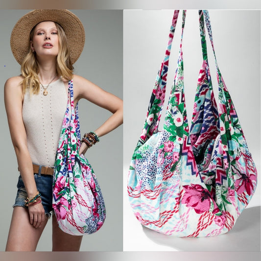 Boho Chic Beach Yoga Hobo Shoulder Bag - 100% Cotton - Floral & Ethnic Design