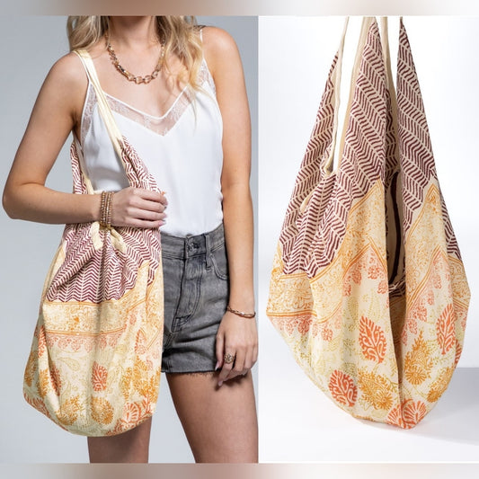 Boho Chic Beach Yoga Hobo Shoulder Bag - 100% Cotton - Paisley Handblock Design
