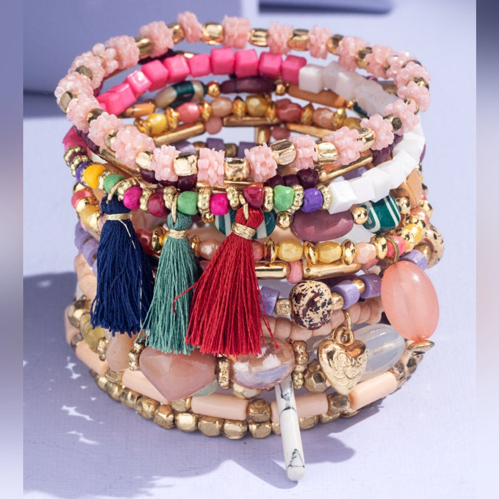 Pink Bohemian Multi Strand Stretch Bracelet w Tassles & Charms