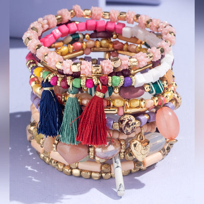 Pink Bohemian Multi Strand Stretch Bracelet w Tassles & Charms