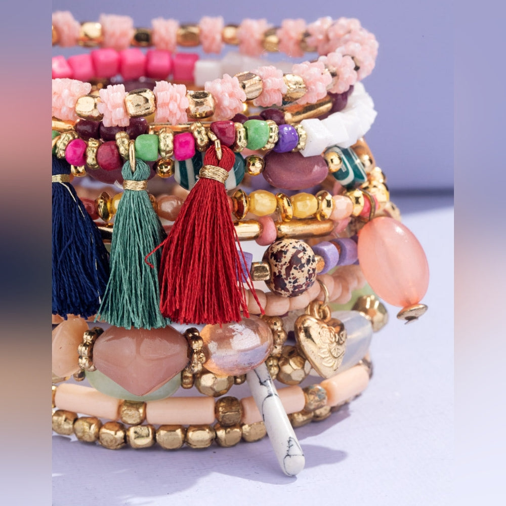 Pink Bohemian Multi Strand Stretch Bracelet w Tassles & Charms