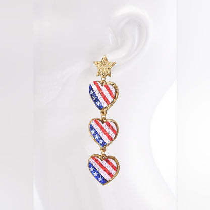 Earrings - Glitter 3-Tier Heart Shaped Leather USA American Flag Dangle Drop