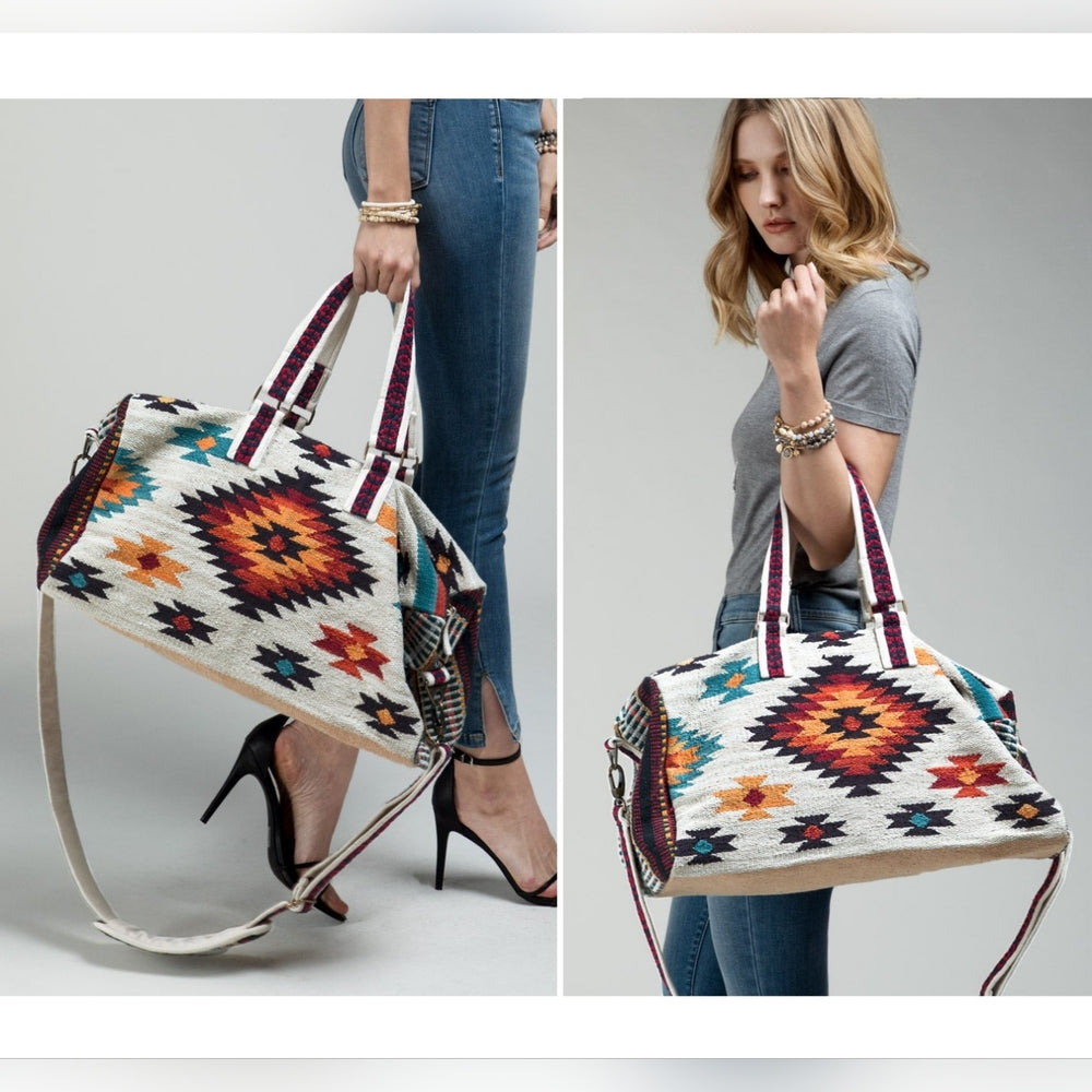 Ivory Boho Chic Travel Bag - Navajo Inspired Design - Handmade Fully Fine Cotton