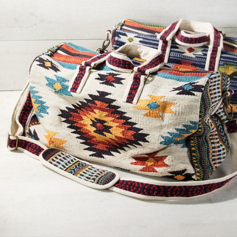 Ivory Boho Chic Travel Bag - Navajo Inspired Design - Handmade Fully Fine Cotton