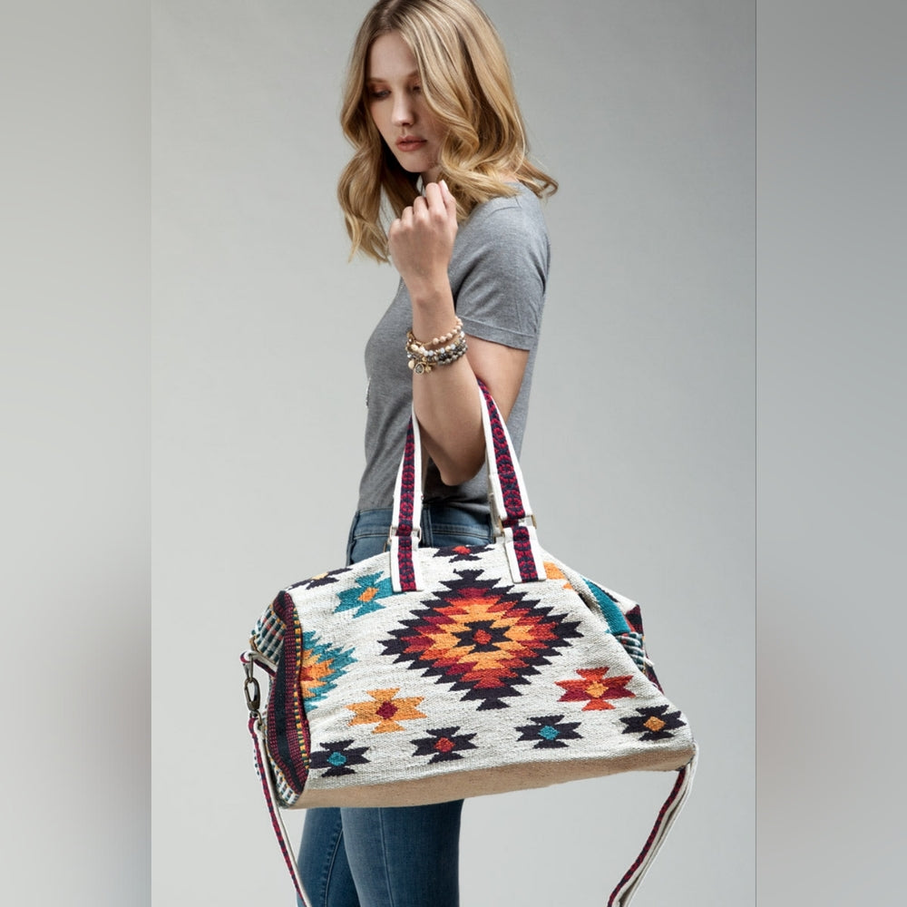 Ivory Boho Chic Travel Bag - Navajo Inspired Design - Handmade Fully Fine Cotton
