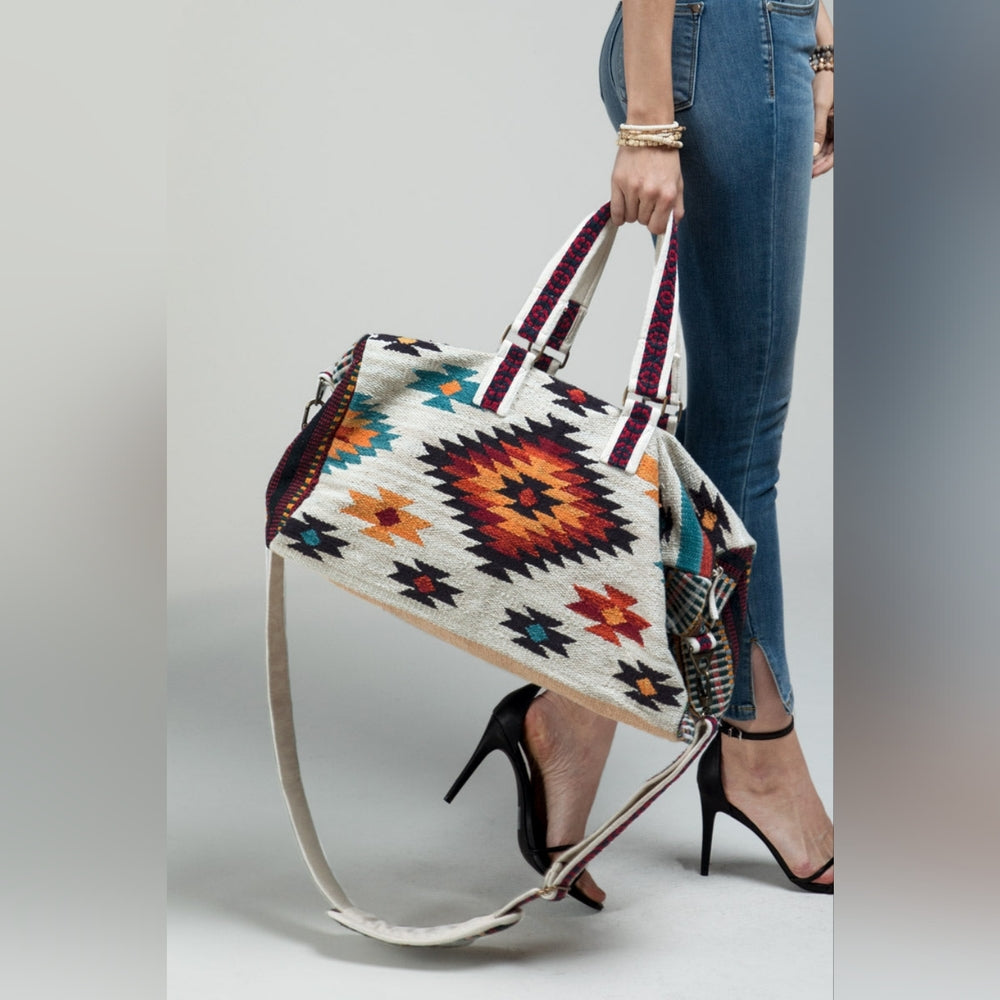 Ivory Boho Chic Travel Bag - Navajo Inspired Design - Handmade Fully Fine Cotton