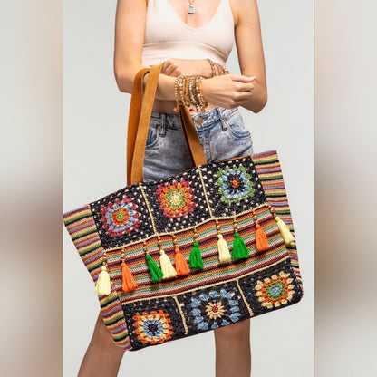 Vibrant Floral & Striped Hand Crocheted Shoulder Bag w/ Colorful Tassel Accents
