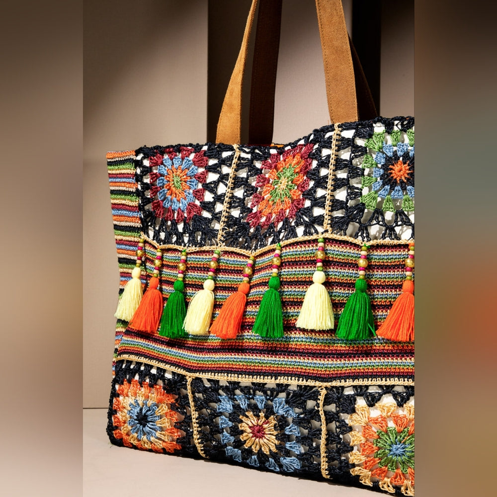 Vibrant Floral & Striped Hand Crocheted Shoulder Bag w/ Colorful Tassel Accents