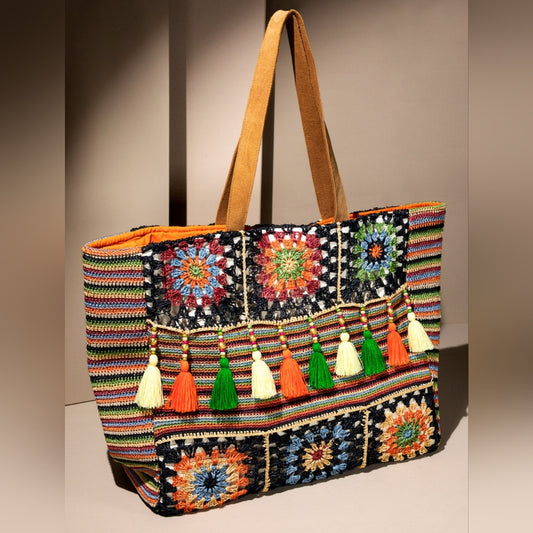 Vibrant Floral & Striped Hand Crocheted Shoulder Bag w/ Colorful Tassel Accents