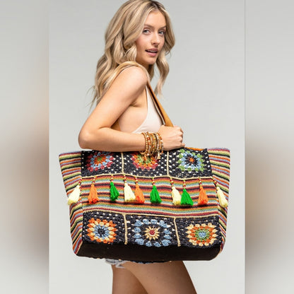 Vibrant Floral & Striped Hand Crocheted Shoulder Bag w/ Colorful Tassel Accents