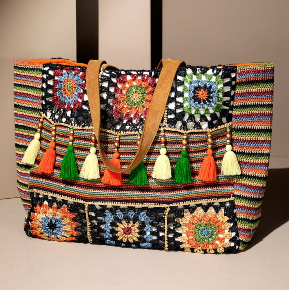 Vibrant Floral & Striped Hand Crocheted Shoulder Bag w/ Colorful Tassel Accents