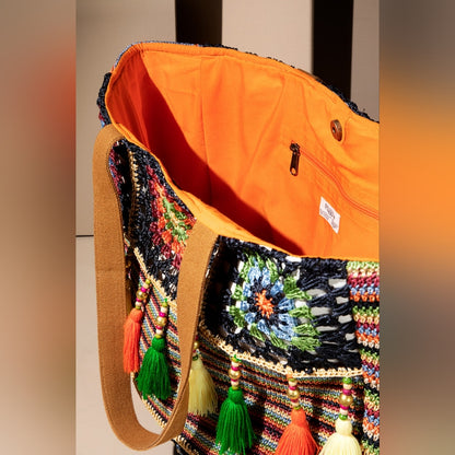 Vibrant Floral & Striped Hand Crocheted Shoulder Bag w/ Colorful Tassel Accents