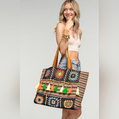Vibrant Floral & Striped Hand Crocheted Shoulder Bag w/ Colorful Tassel Accents