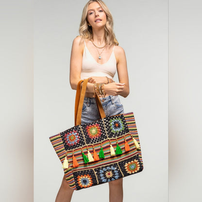 Vibrant Floral & Striped Hand Crocheted Shoulder Bag w/ Colorful Tassel Accents