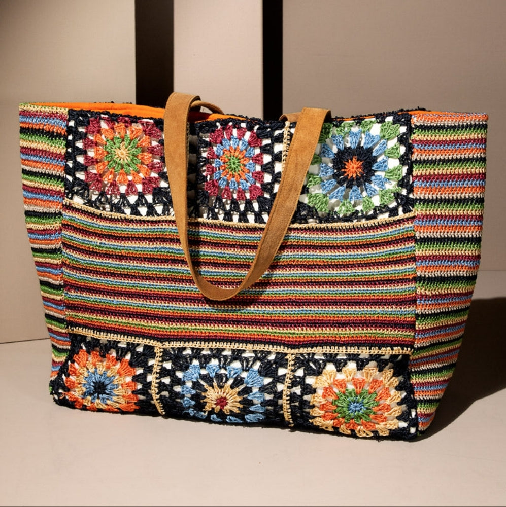 Vibrant Floral & Striped Hand Crocheted Shoulder Bag w/ Colorful Tassel Accents
