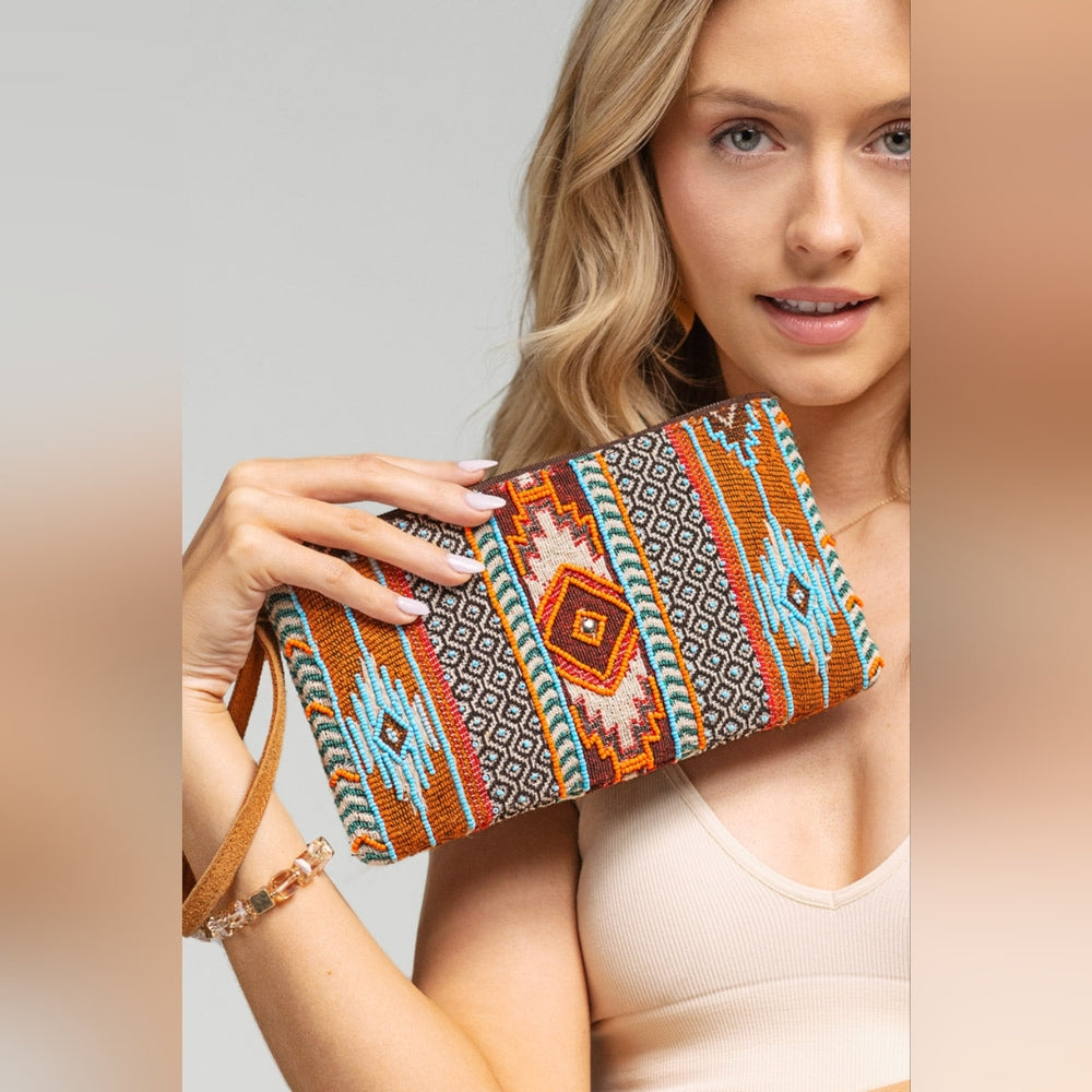Handmade Hand Beaded Wristlet Clutch - Ethnic Inspired Design - Dyed Fine Cotton