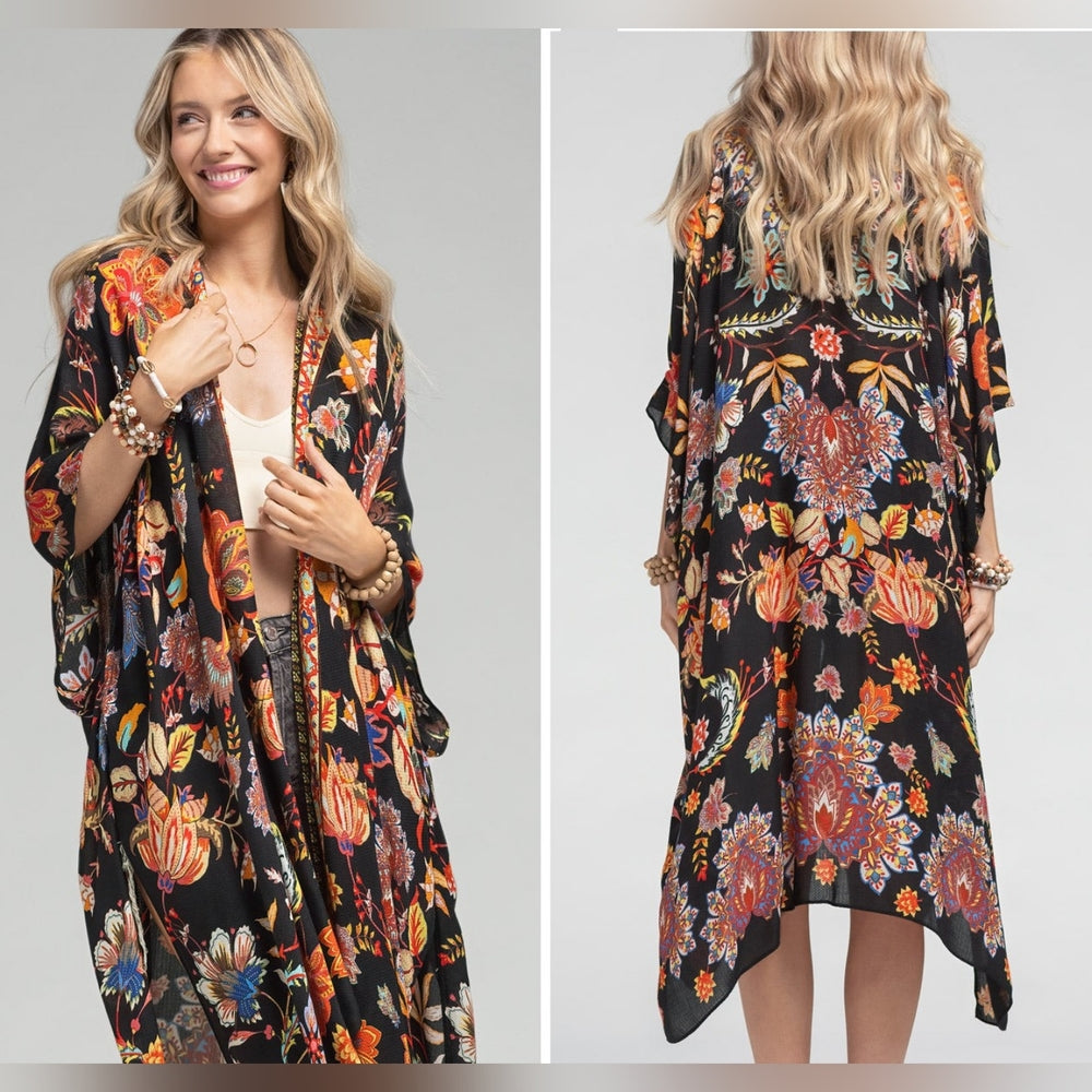 Bohemian Moroccan & Floral Print Kimono w/ Side Slits - Rich Deep Colors