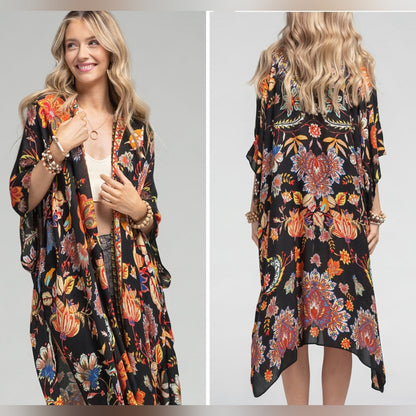 Bohemian Moroccan & Floral Print Kimono w/ Side Slits - Rich Deep Colors
