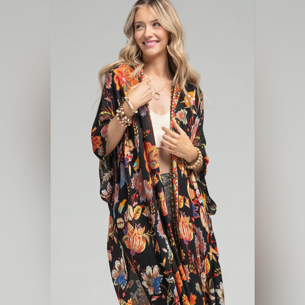 Bohemian Moroccan & Floral Print Kimono w/ Side Slits - Rich Deep Colors