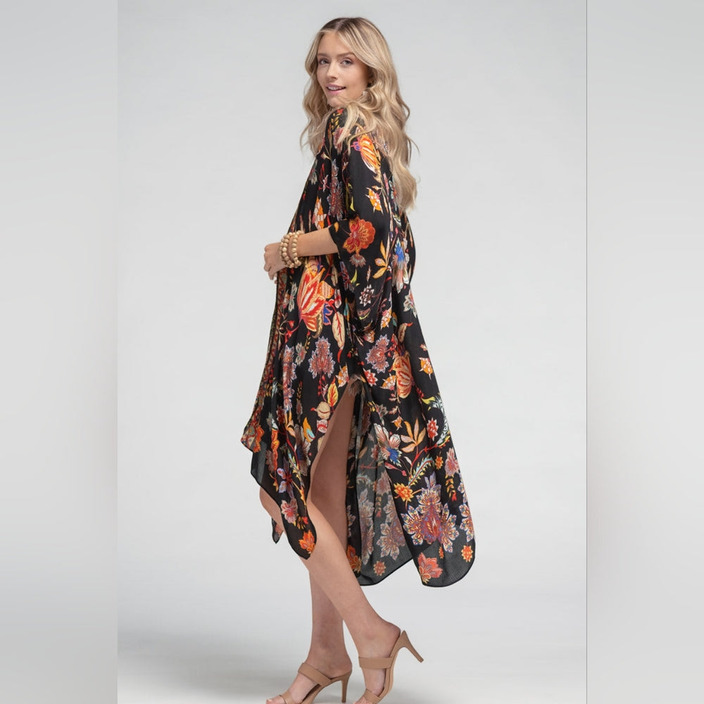 Bohemian Moroccan & Floral Print Kimono w/ Side Slits - Rich Deep Colors