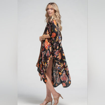 Bohemian Moroccan & Floral Print Kimono w/ Side Slits - Rich Deep Colors